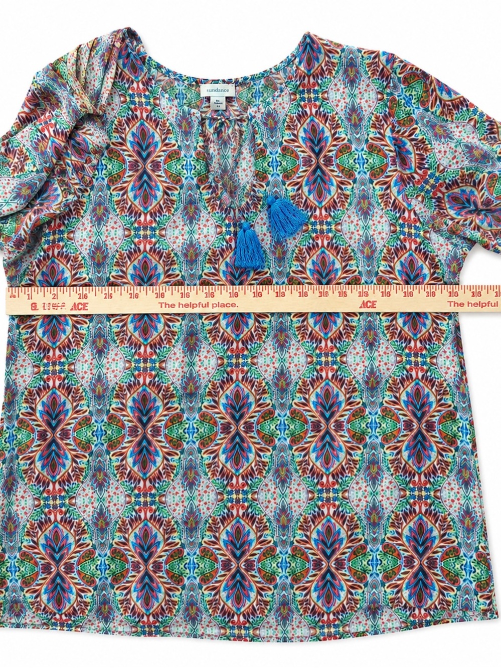 Sundance Flowy Boho Tassel Top Colorful Artisan Print Blouse Size L. Gorgeous ⚡️ - Picture 8 of 14